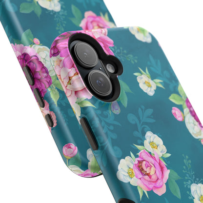 Elegant Peony Bouquet MagSafe iPhone Case – Deep Teal Background with Romantic Floral Design