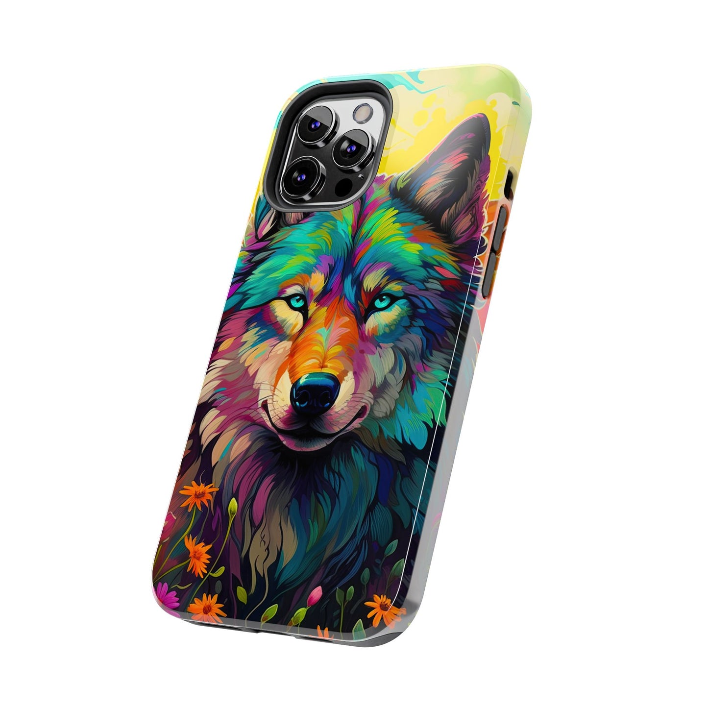 Rainbow Wolf in Bloom – iPhone Case with Vivid Nature Design