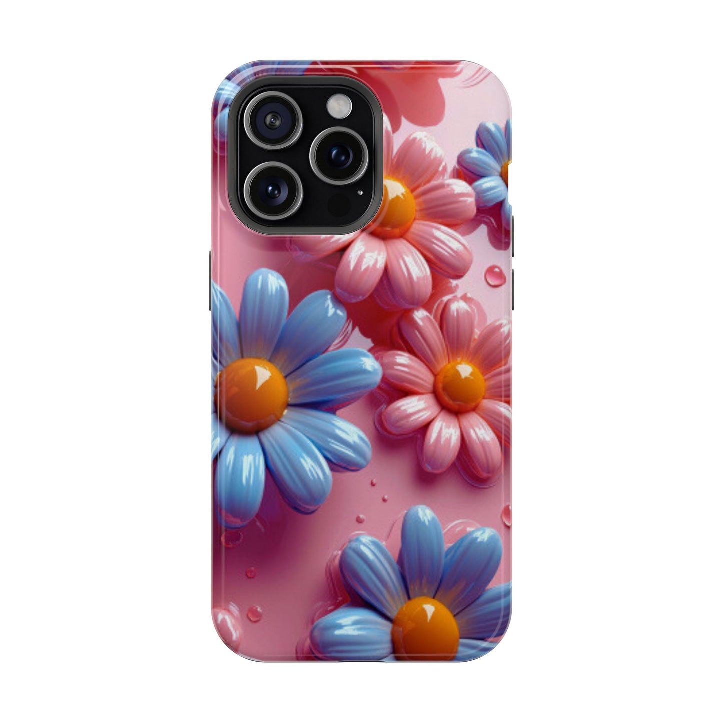 Pastel Daisy 3D MagSafe iPhone Case – Glossy Pink and Blue Floral Design, Full Protection