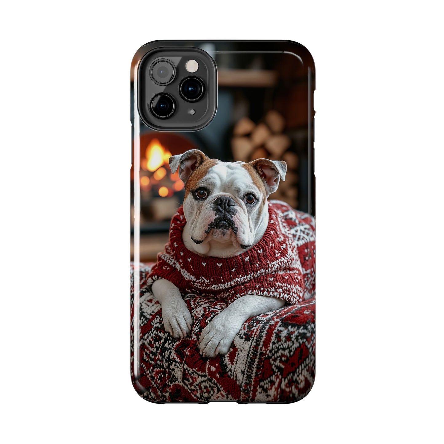 Cozy Bulldog in Sweater iPhone Case – Festive Fireplace Protective Cover