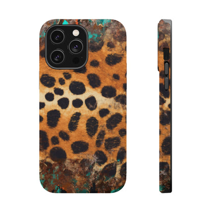 Rustic Leopard Print Tough MagSafe iPhone Case – Distressed Turquoise and Animal Pattern with Dual-Layer Protection