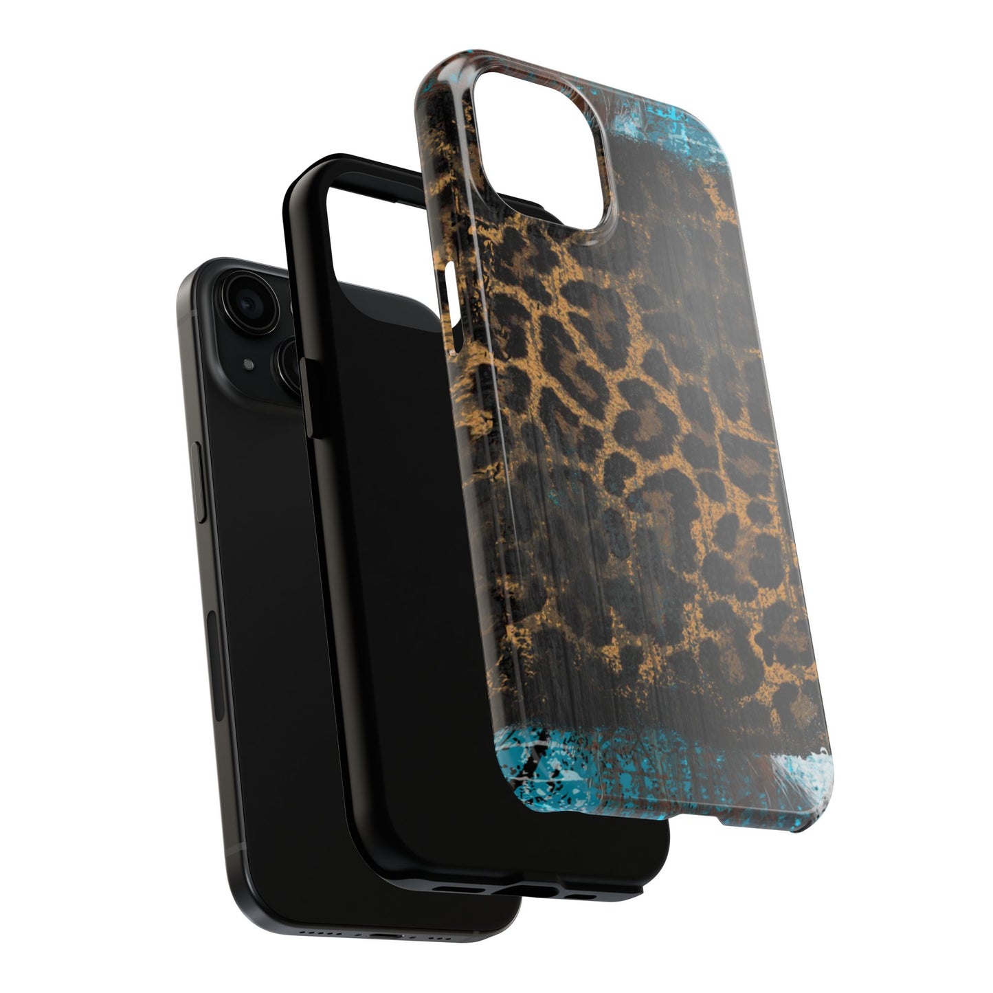 Boho Leopard and Turquoise Tough iPhone Case – Rustic Western Design with Dual-Layer Protection