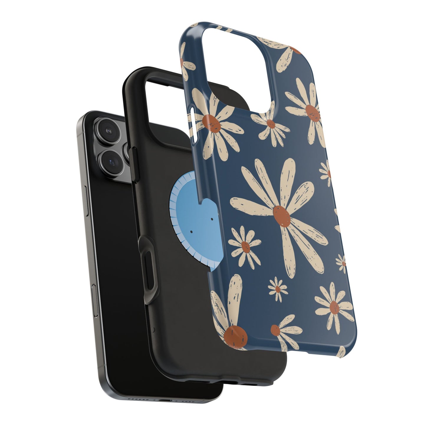 Vintage Daisies MagSafe iPhone Case – Navy Blue Floral Design, Scratch-Resistant with Shock-Absorbing Bumper