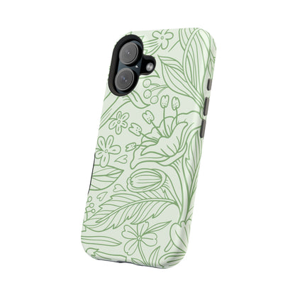 Sage Green Floral Line Art Tough MagSafe iPhone Case – Minimalist Botanical Design with Dual-Layer Protection