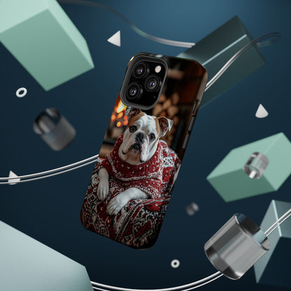 Cozy Bulldog in Sweater MagSafe iPhone Case – Festive Fireplace Protective Cover