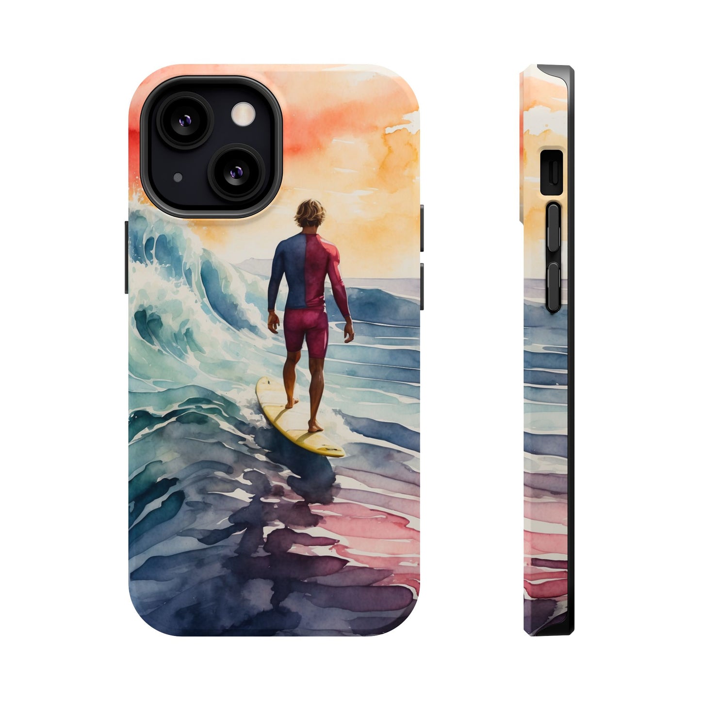 Surfer’s Sunset Wave MagSafe iPhone Case – Vibrant Watercolor Design