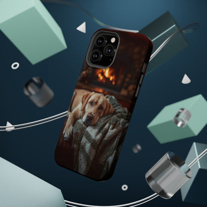 Cozy Labrador by Fireplace MagSafe iPhone Case – Rustic Cabin Protective Cover
