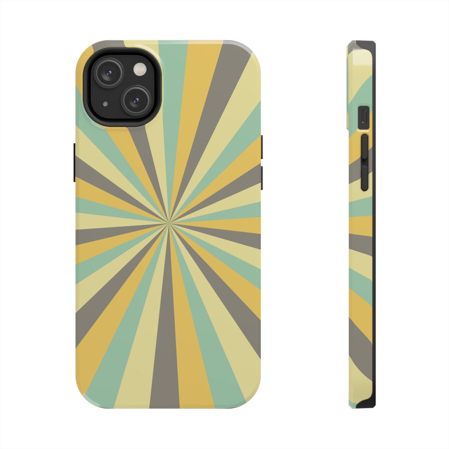 Vintage Sunburst Rays iPhone Case – Bold 70s-Inspired Burst in Yellow, Mint, and Gray