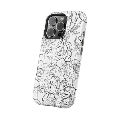 Monochrome Rose Garden Tough MagSafe iPhone Case – Elegant Floral Line Art with Dual-Layer Protection