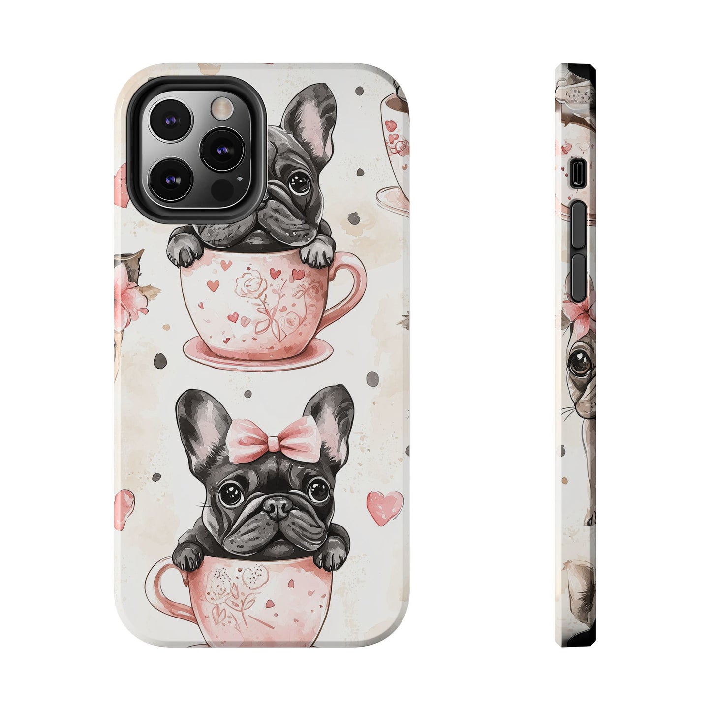 French Bulldogs in Teacups iPhone Case – Cute Dog Design with Hearts & Bows, Shockproof & Slim - BOGO Cases