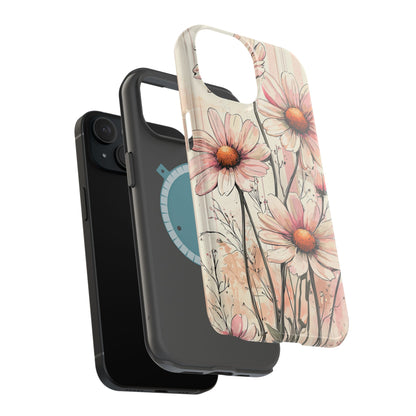 Pastel Pink Daisy MagSafe iPhone Case - Elegant Floral Plaid Protective Cover