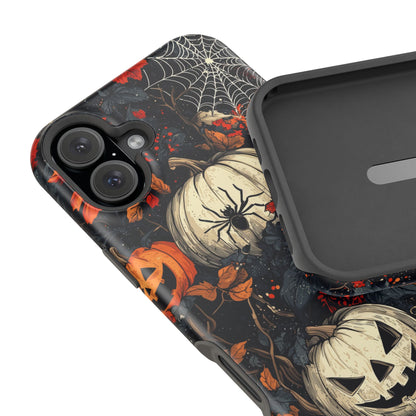 Hauntingly Elegant Halloween MagSafe iPhone Case – Pumpkins, Spiders, and Autumn Leaves Design