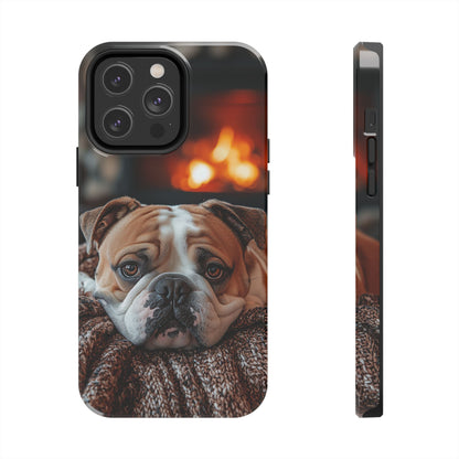 Cozy Bulldog iPhone Case – Fireside-Inspired Protective Cover Description: