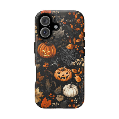 Elegant Halloween MagSafe iPhone Case – Pumpkin Jack-o'-Lanterns, Cobwebs & Autumn Foliage Design