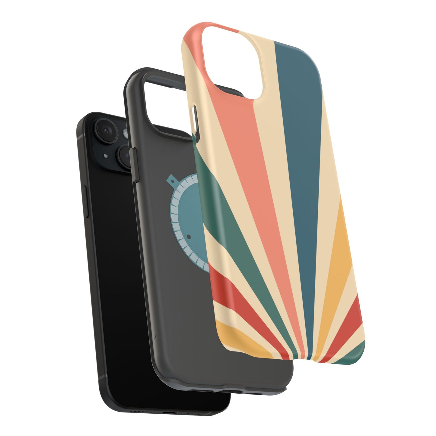 Retro Sunbeam MagSafe iPhone Case – 70s-Inspired Radiating Stripes in Coral, Teal, and Mustard