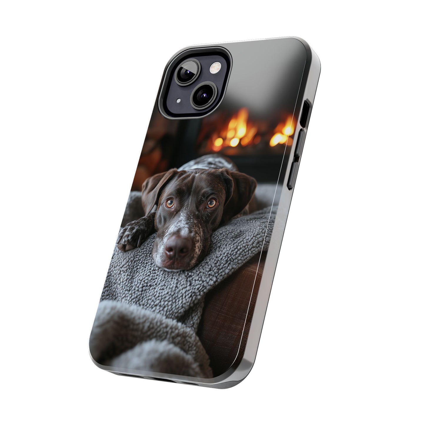 Cozy German Shorthaired Pointer iPhone Case – Rustic Fireplace Protective Cover