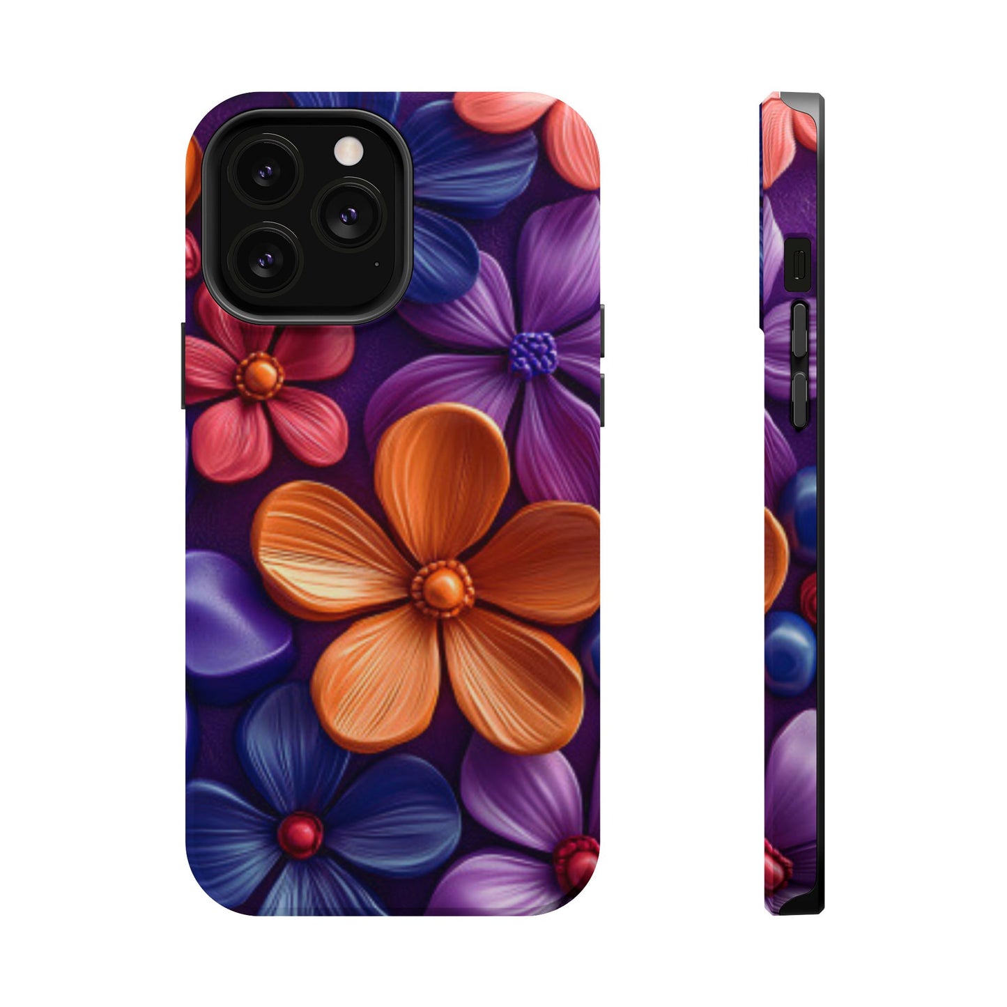 Bold Floral 3D MagSafe iPhone Case – Vivid Purple and Orange Flower Design, Shock-Resistant