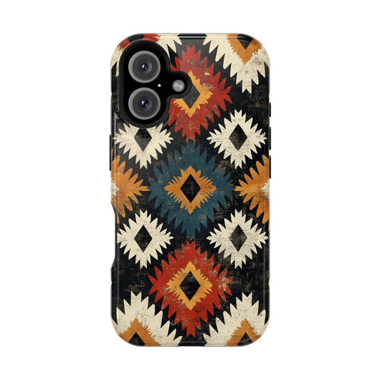 Rustic Tribal Sunburst Tough MagSafe iPhone Case – Vibrant Geometric Design, Dual-Layer Protection