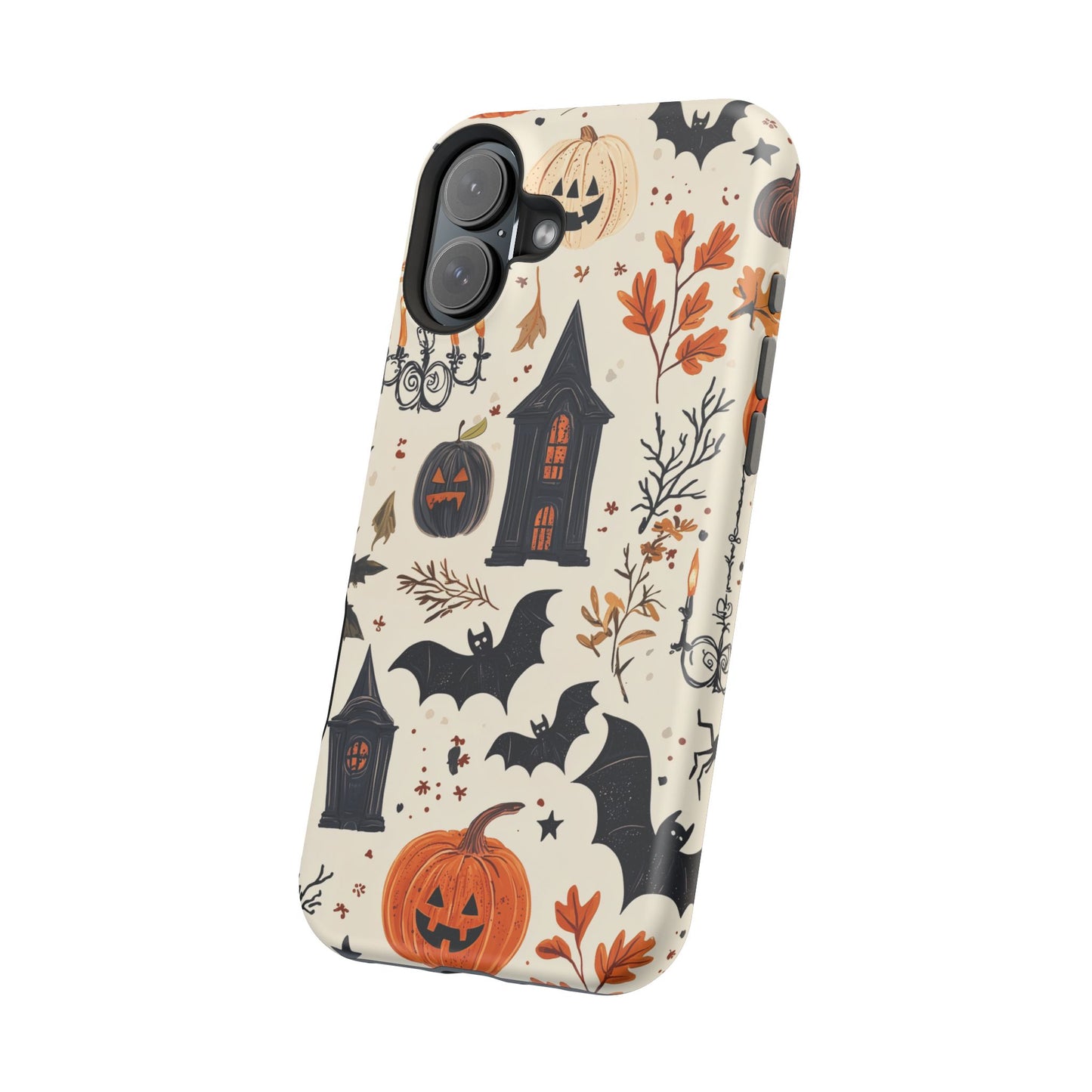 Haunted Halloween MagSafe iPhone Case – Haunted House, Bats, and Pumpkins Design