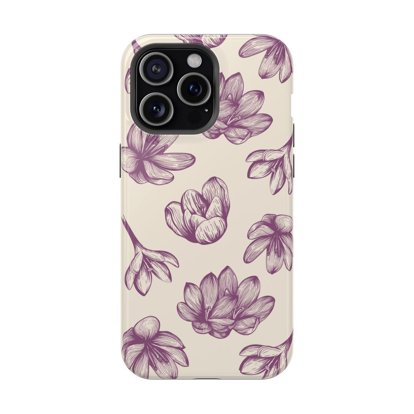 Vintage Botanical Floral Tough MagSafe iPhone Case – Hand-Drawn Purple Flowers, Shockproof Design