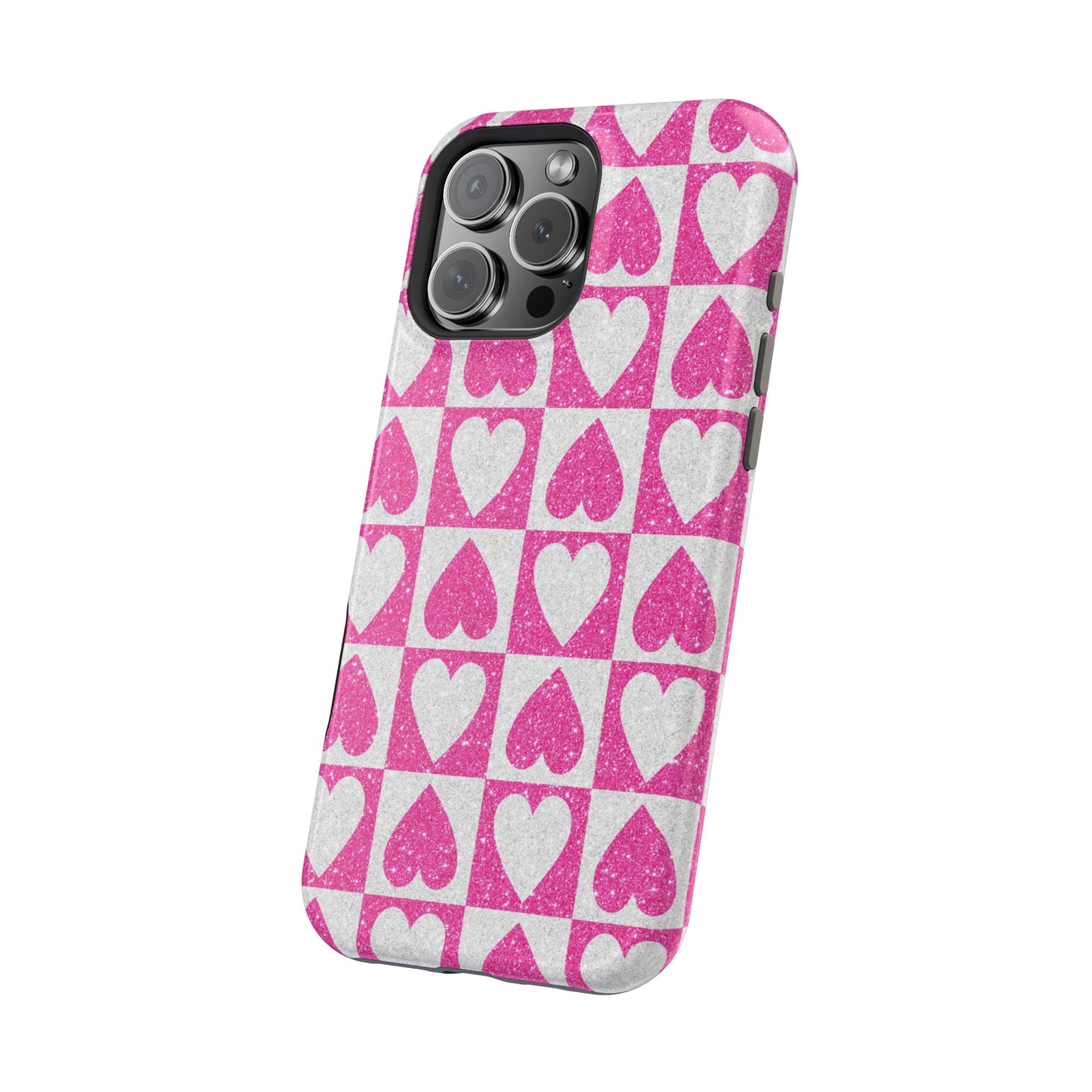 Pink Glitter Heart Checkered Pattern MagSafe Case