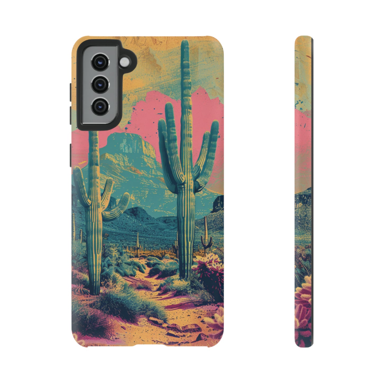 Desert Oasis Retro Cactus Phone Case - Vibrant Sunset Landscape for iPhone 15/14/13/12, Samsung S24/S23/S22/S21, & Google Pixel