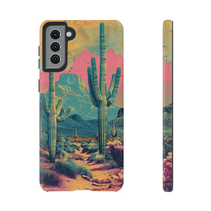 Desert Oasis Retro Cactus Phone Case - Vibrant Sunset Landscape for iPhone 15/14/13/12, Samsung S24/S23/S22/S21, & Google Pixel