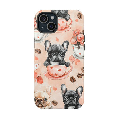 French Bulldogs in Heart Teacups MagSafe iPhone Case – Cute Dog & Floral Design, Shockproof Protection