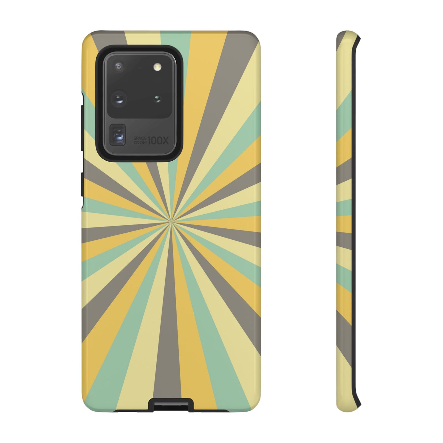 Vintage Sunburst Rays Samsung Galaxy Case – Bold 70s-Inspired Burst in Yellow, Mint, and Gray