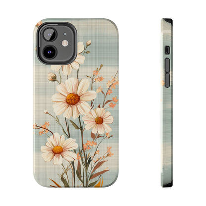 Vintage Plaid & Daisy Floral Tough iPhone Case – Dual-Layer Protection with Retro Flower Design