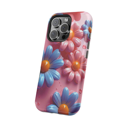 Pastel Daisy 3D MagSafe iPhone Case – Glossy Pink and Blue Floral Design, Full Protection