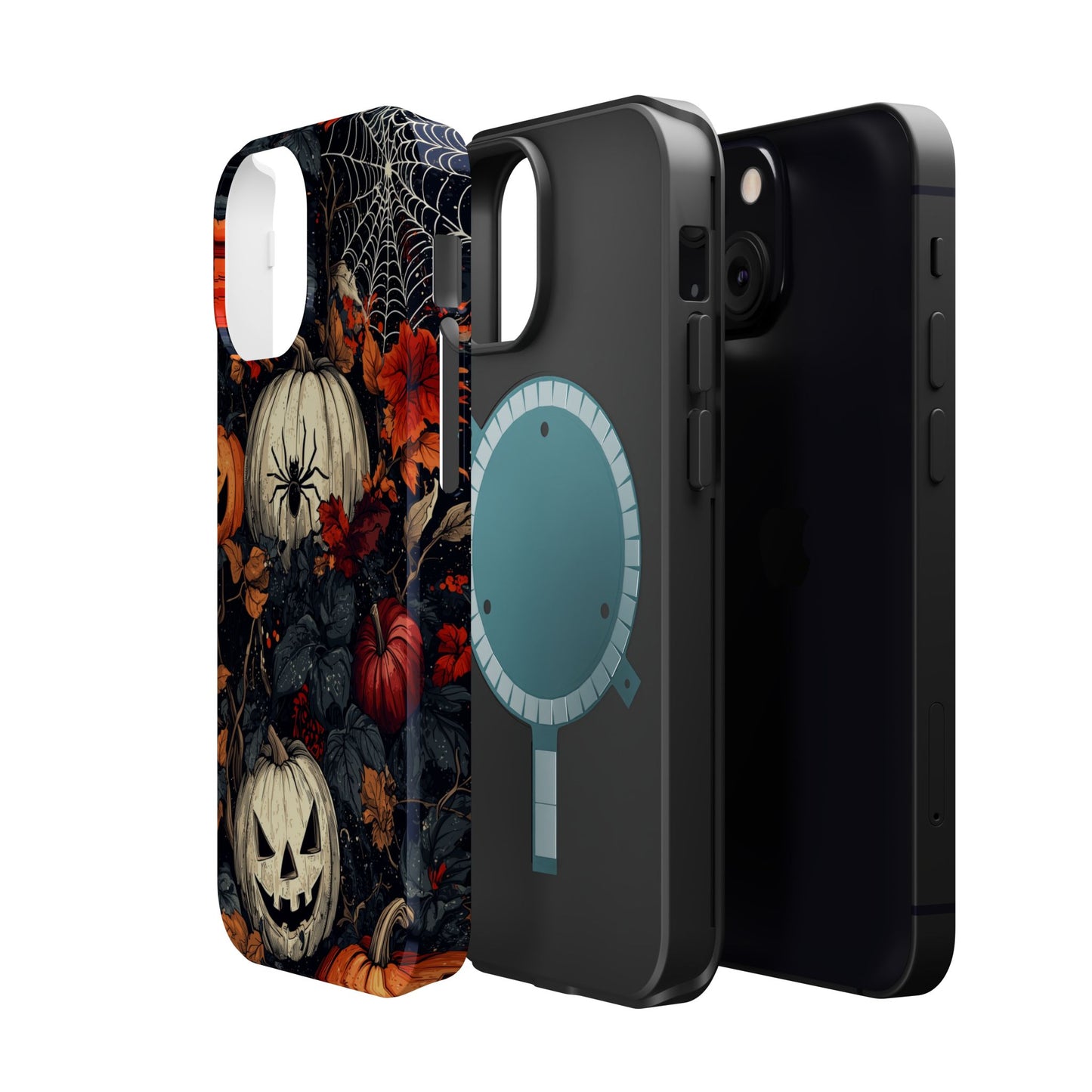 Hauntingly Elegant Halloween MagSafe iPhone Case – Pumpkins, Spiders, and Autumn Leaves Design