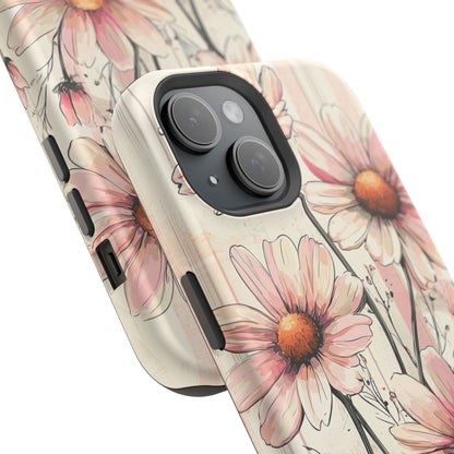 Pastel Pink Daisy MagSafe iPhone Case - Elegant Floral Plaid Protective Cover