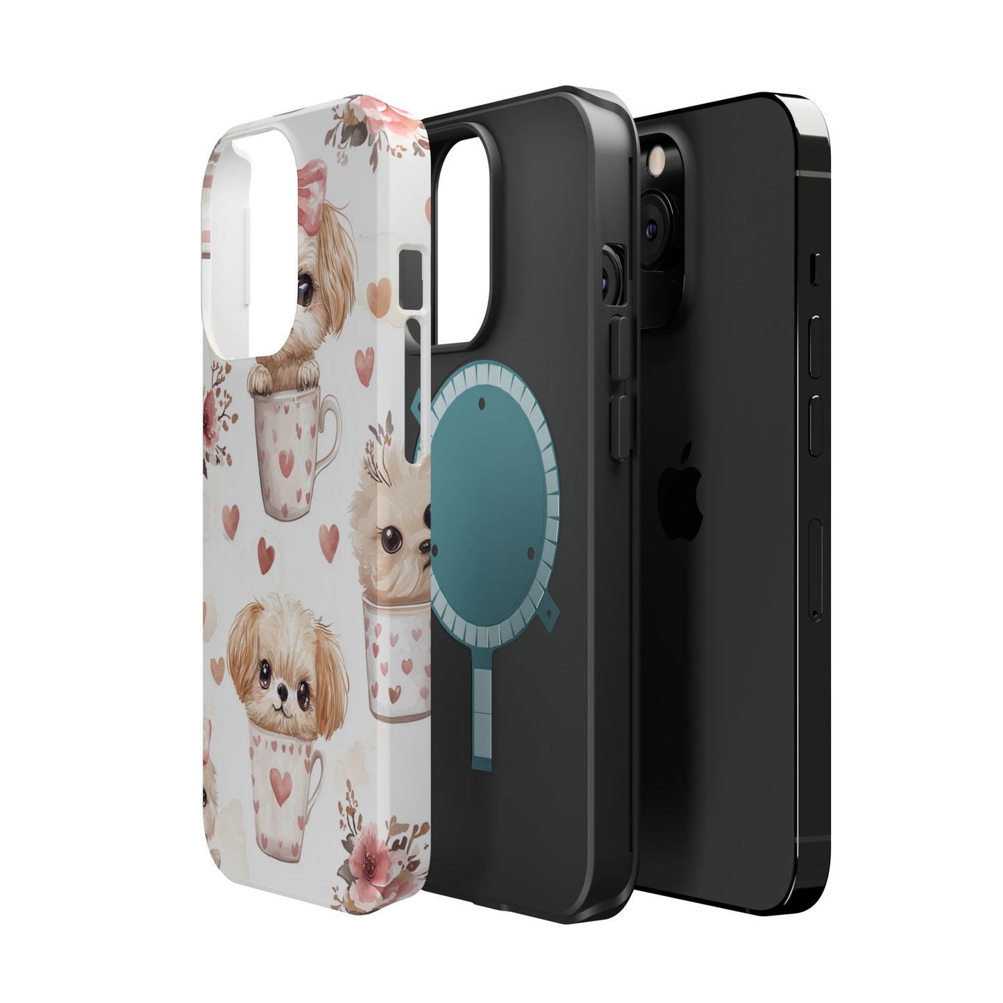 Cute Puppies in Heart MagSafe iPhone Case – Adorable Dog & Floral Design, Shockproof & Slim