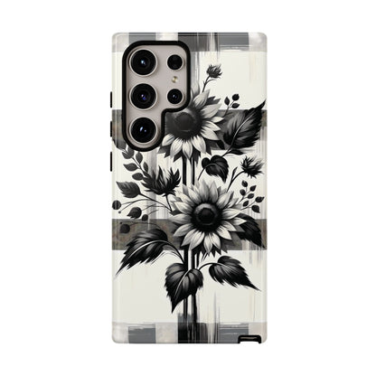 Black/White Sunflower Plaid Phone Case - Chic Noir Sunflower Plaid - Premium Protective Phone Case For iPhone, Samsung Galaxy, & Google. - BOGO Cases