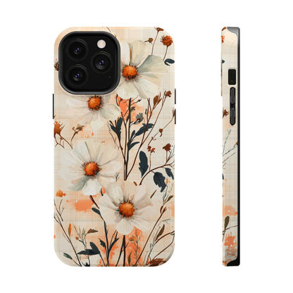 Pastel Orange Floral MagSafe iPhone Case - Elegant Plaid Protective Cover