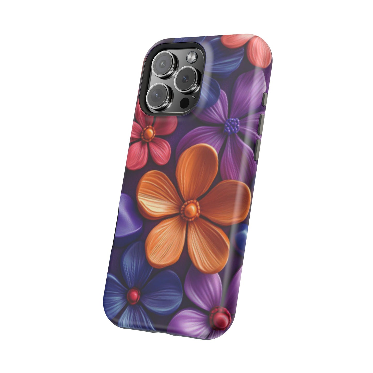 Bold Floral 3D MagSafe iPhone Case – Vivid Purple and Orange Flower Design, Shock-Resistant