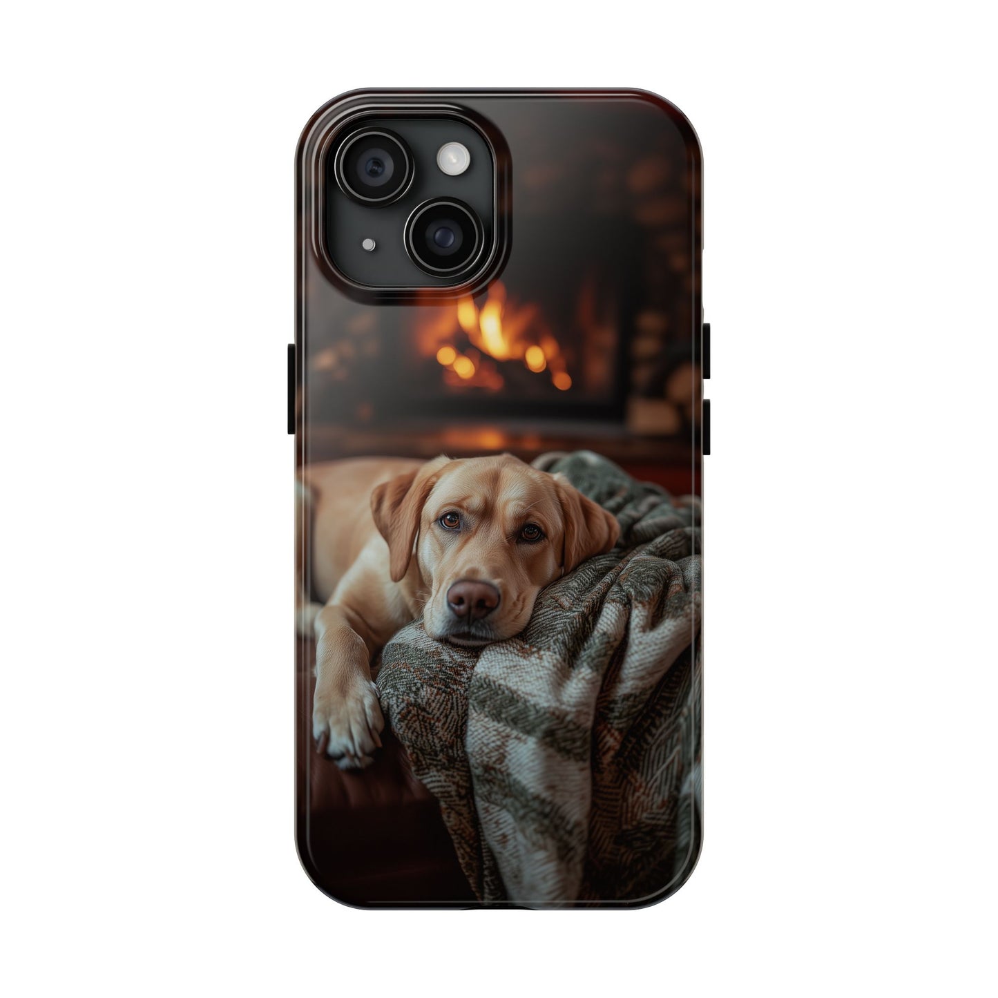 Cozy Labrador by Fireplace iPhone Case – Rustic Cabin Protective Cover