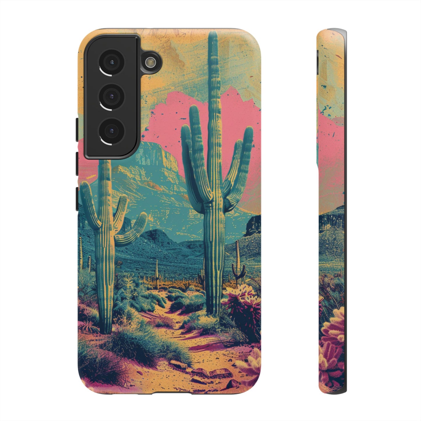 Desert Oasis Retro Cactus Phone Case - Vibrant Sunset Landscape for iPhone 15/14/13/12, Samsung S24/S23/S22/S21, & Google Pixel