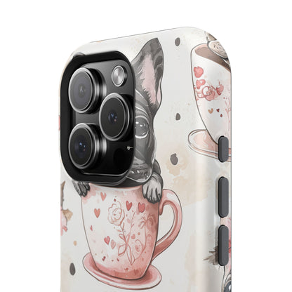 French Bulldogs in Teacups MagSafe iPhone Case – Cute Dog Design with Hearts & Bows, Shockproof & Slim