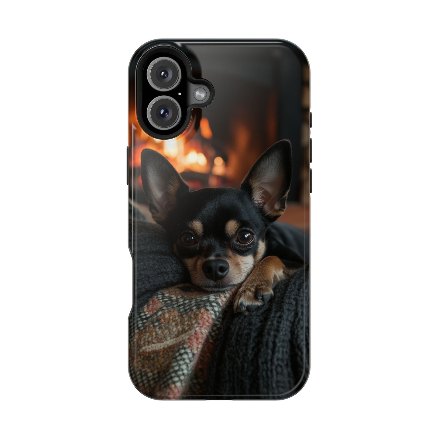 Cozy Chihuahua Fireplace MagSafe iPhone Case – Elegant and Functional Design