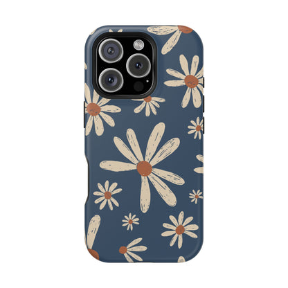 Vintage Daisies MagSafe iPhone Case – Navy Blue Floral Design, Scratch-Resistant with Shock-Absorbing Bumper