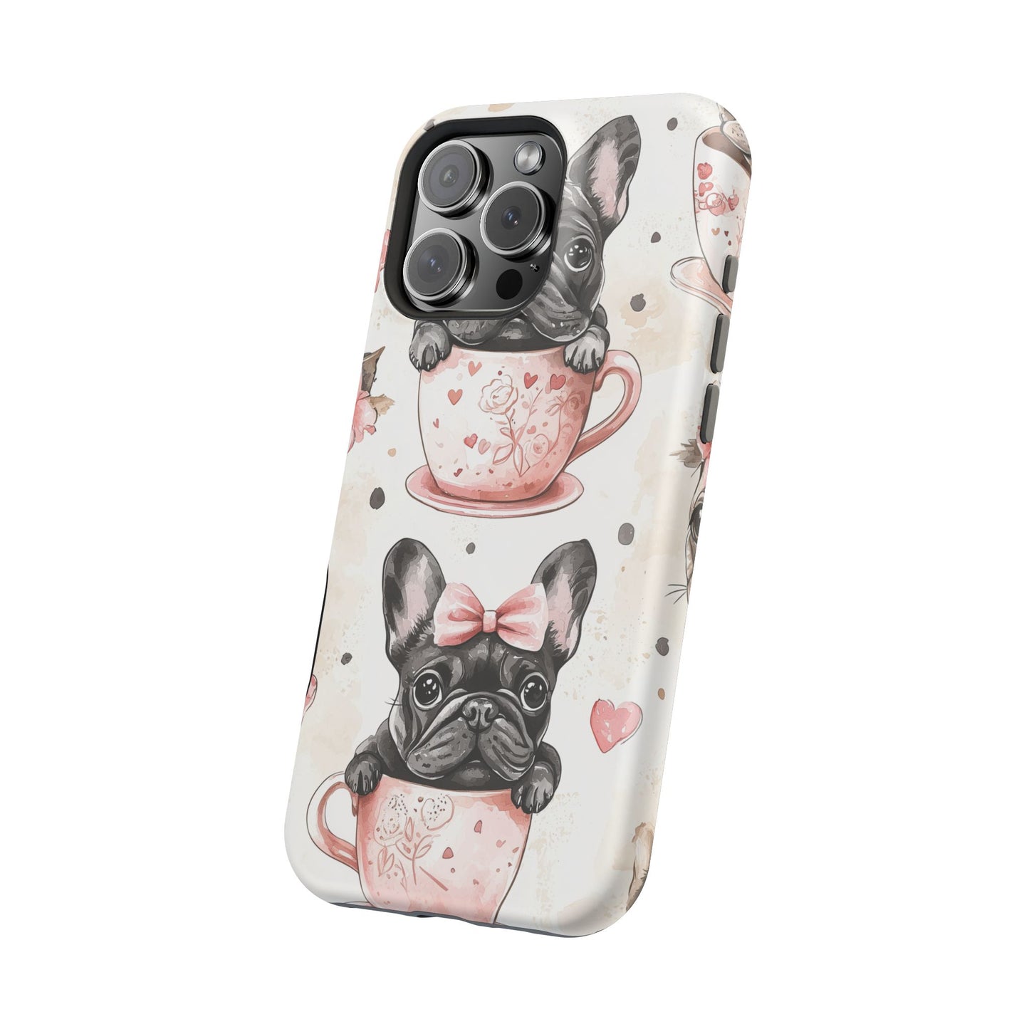 French Bulldogs in Teacups MagSafe iPhone Case – Cute Dog Design with Hearts & Bows, Shockproof & Slim