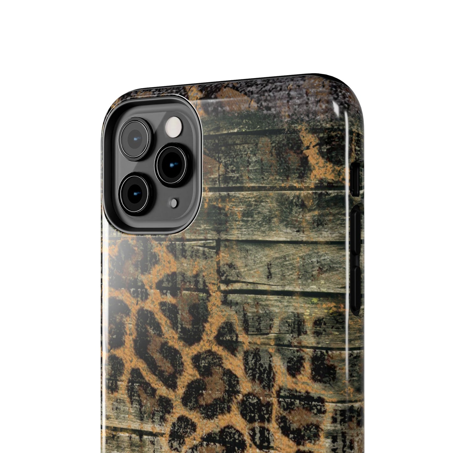 Rustic Wood and Leopard Print Tough iPhone Case – Distressed Western Design with Dual-Layer Protection