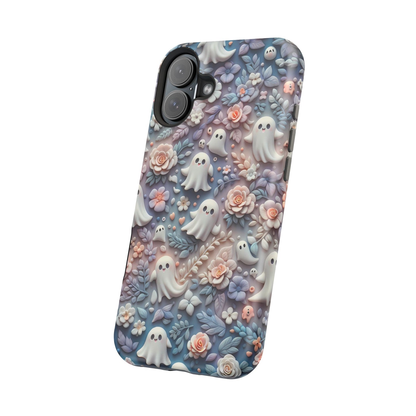 Cute MagSafe Ghosts Flowers Phone Case | Ethereal Clay Style | Autumn and Halloween Aesthetic | Tough Dual Layer Protection