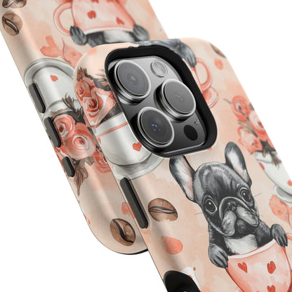 French Bulldogs in Heart Teacups MagSafe iPhone Case – Cute Dog & Floral Design, Shockproof Protection