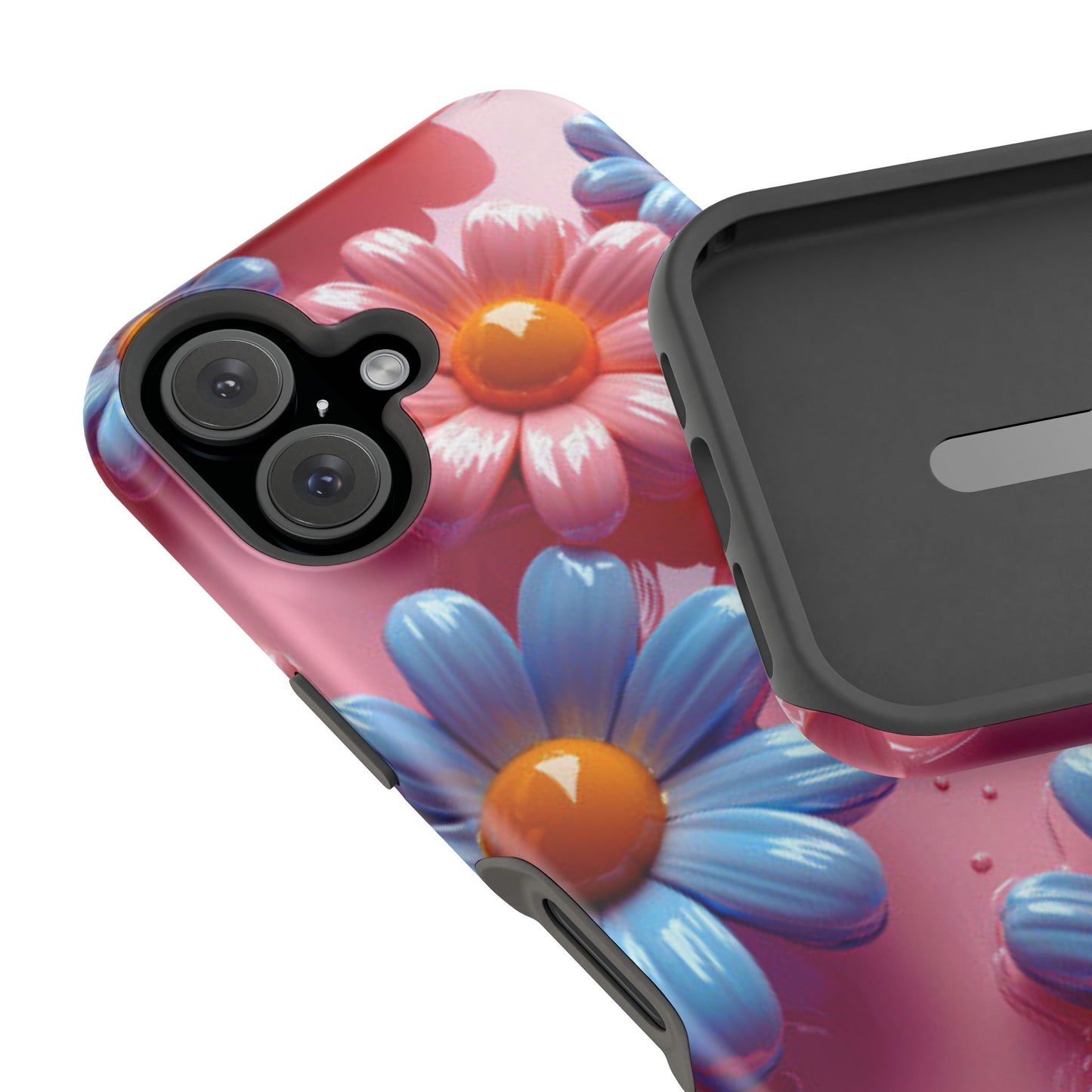 Pastel Daisy 3D MagSafe iPhone Case – Glossy Pink and Blue Floral Design, Full Protection