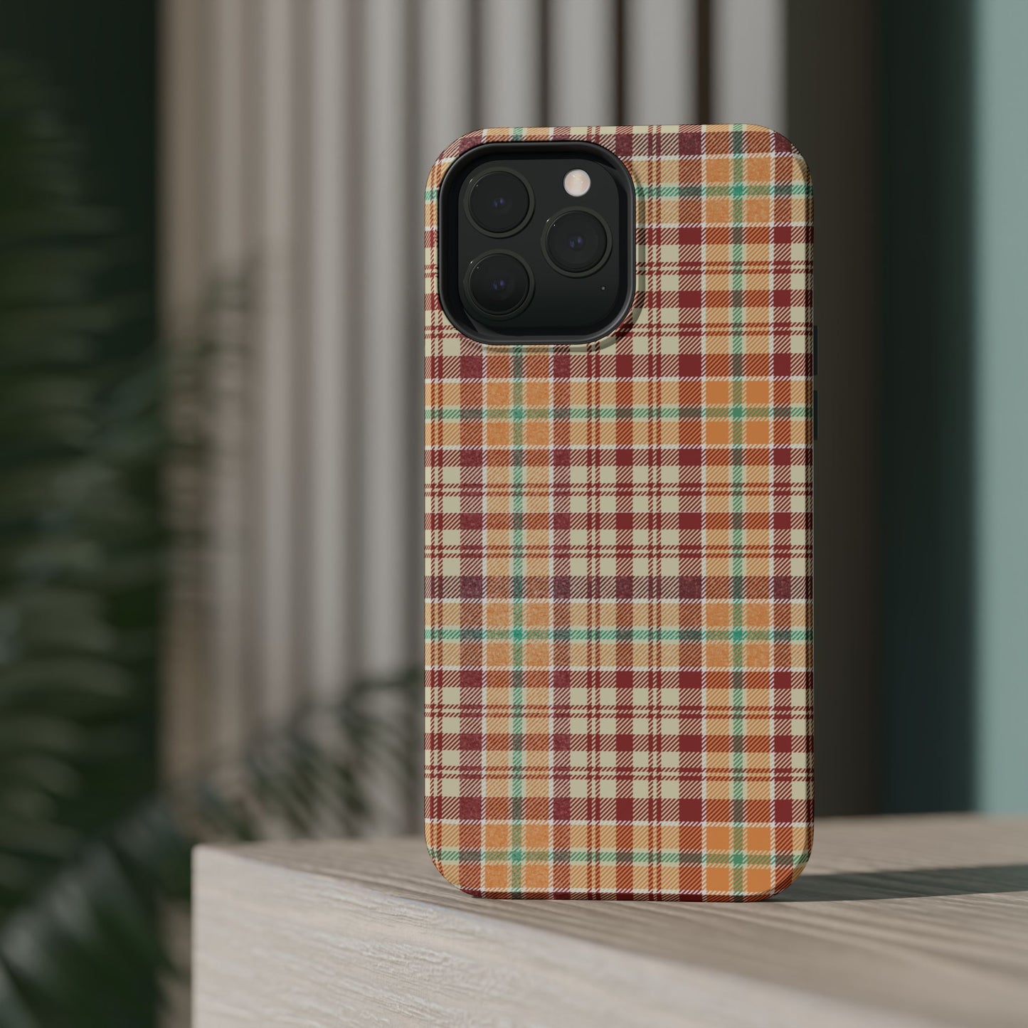 Retro Chic Plaid MagSafe iPhone Case in Red, Orange, Green & Cream – Vintage Design Meets Modern Tech