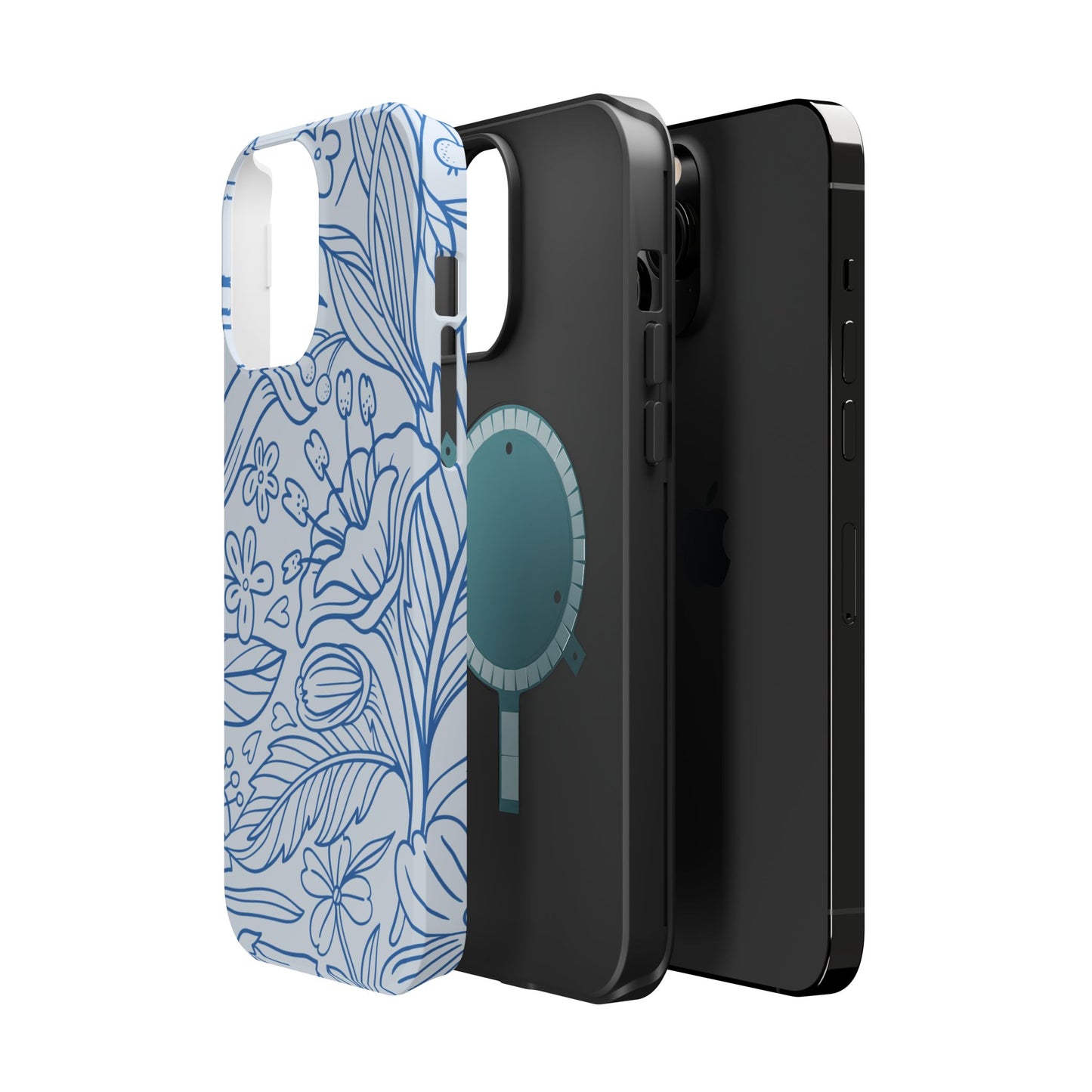 Dusty Blue Floral Line Art Tough MagSafe iPhone Case – Minimalist Botanical Design with Dual-Layer Protection