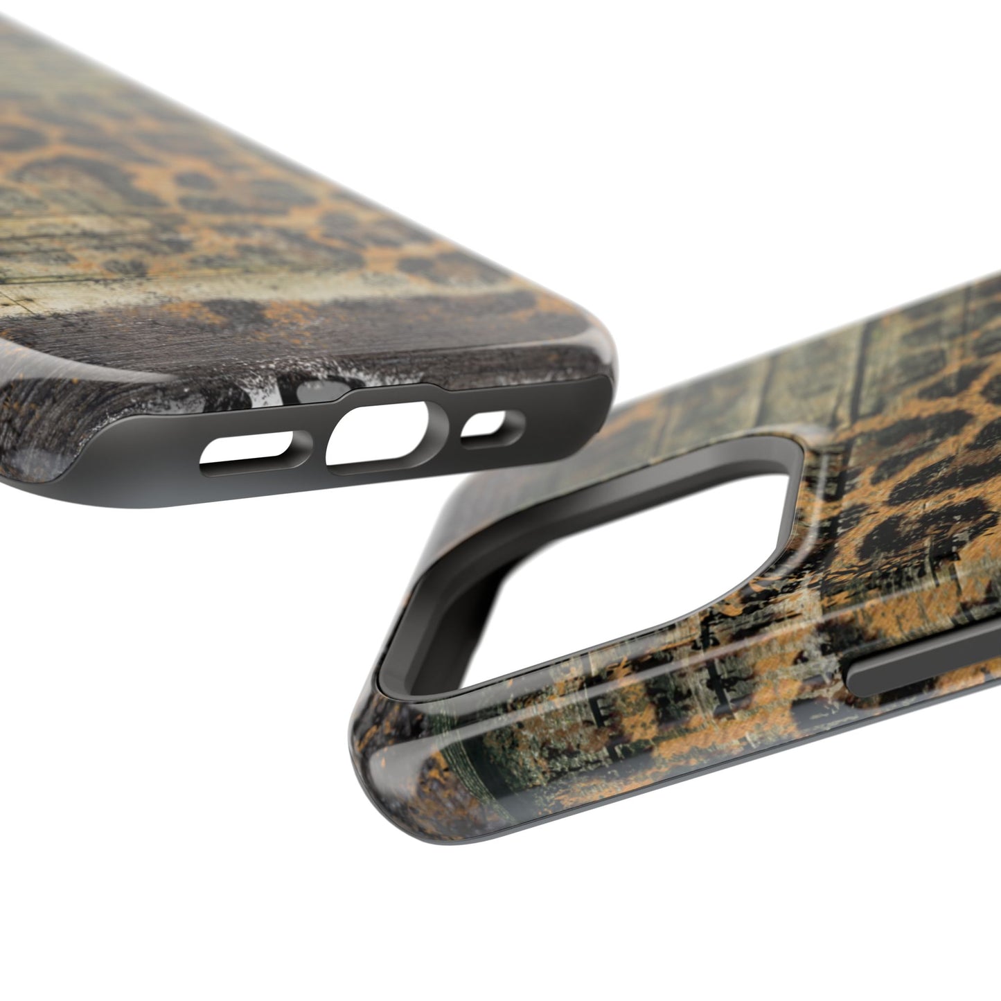 Rustic Wood and Leopard Print Tough MagSafe iPhone Case – Distressed Western Design with Dual-Layer Protection